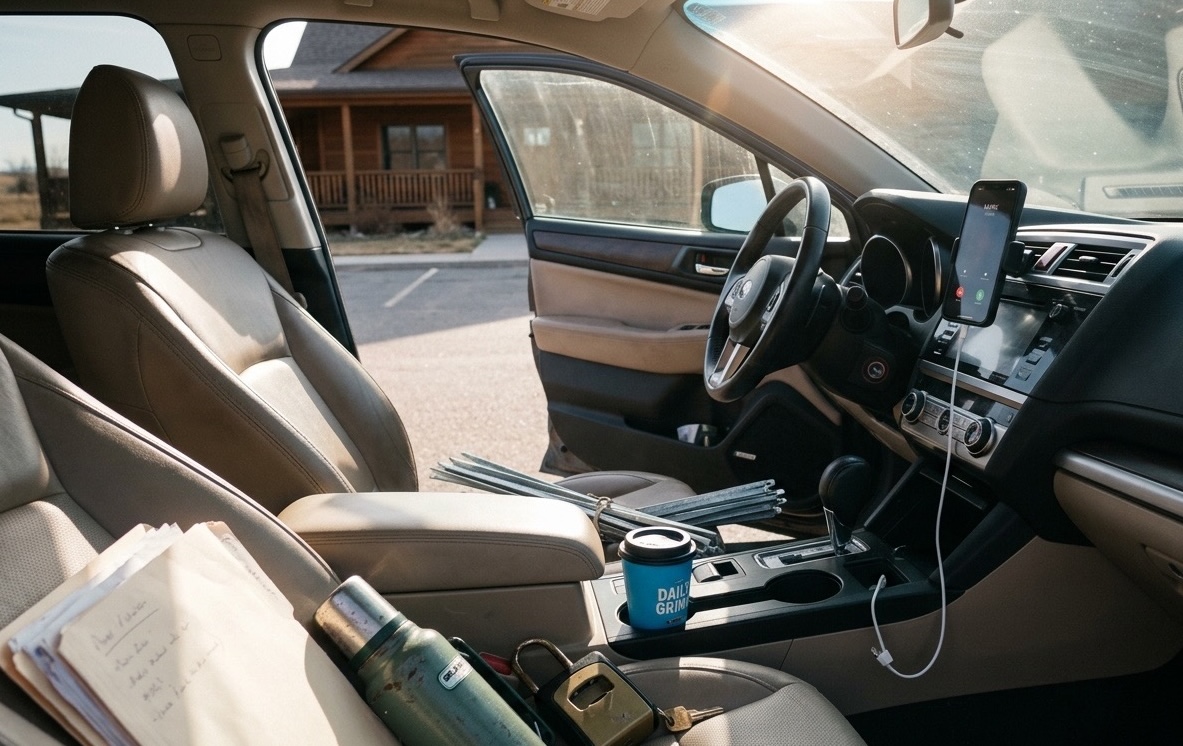 A phone showing a call in progress in a car vent mount, parked outside a house an agent is showing