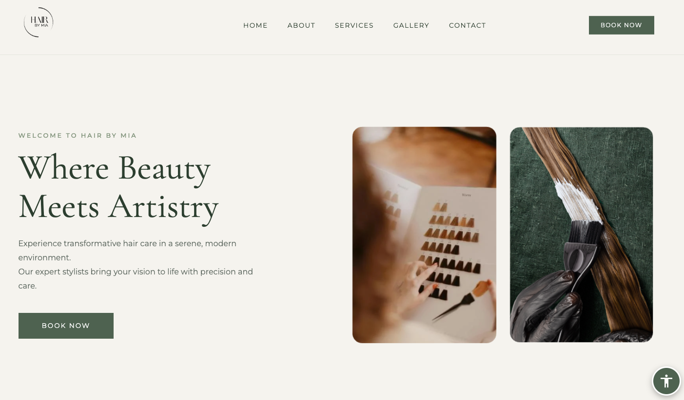 The Hair By Mia homepage, with the headline "Where Beauty Meets Artistry" beside salon photographs