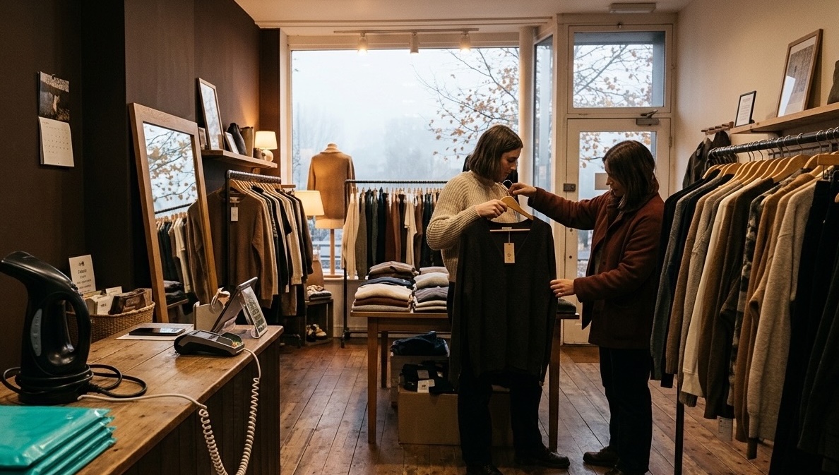A shop owner talking with a customer across the counter of a small clothing boutique