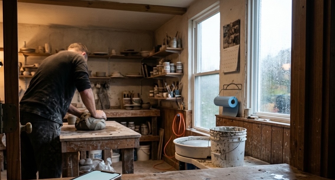 A phone lighting up with an incoming call on a pottery studio bench while its owner works at the wheel