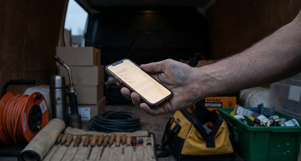 A phone showing three missed calls, held at the back of an electrician's van at the end of the afternoon