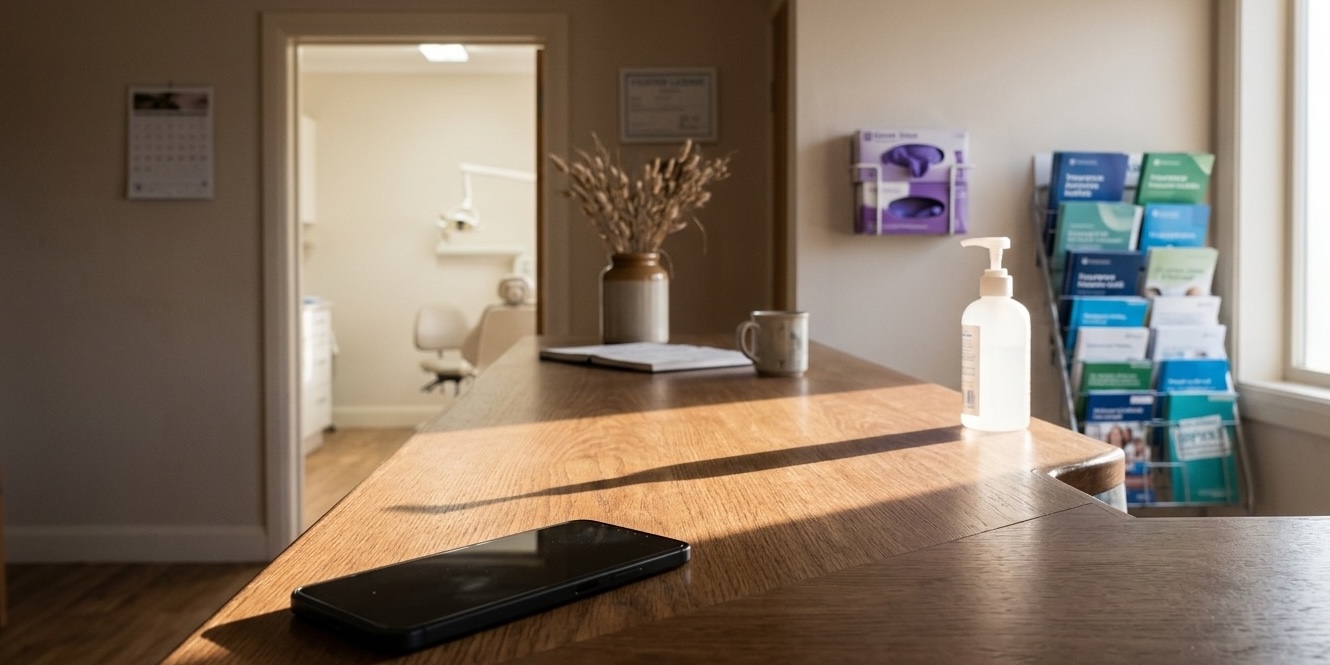 A phone on a dental clinic front desk with a warm lit empty treatment room through the doorway behind it