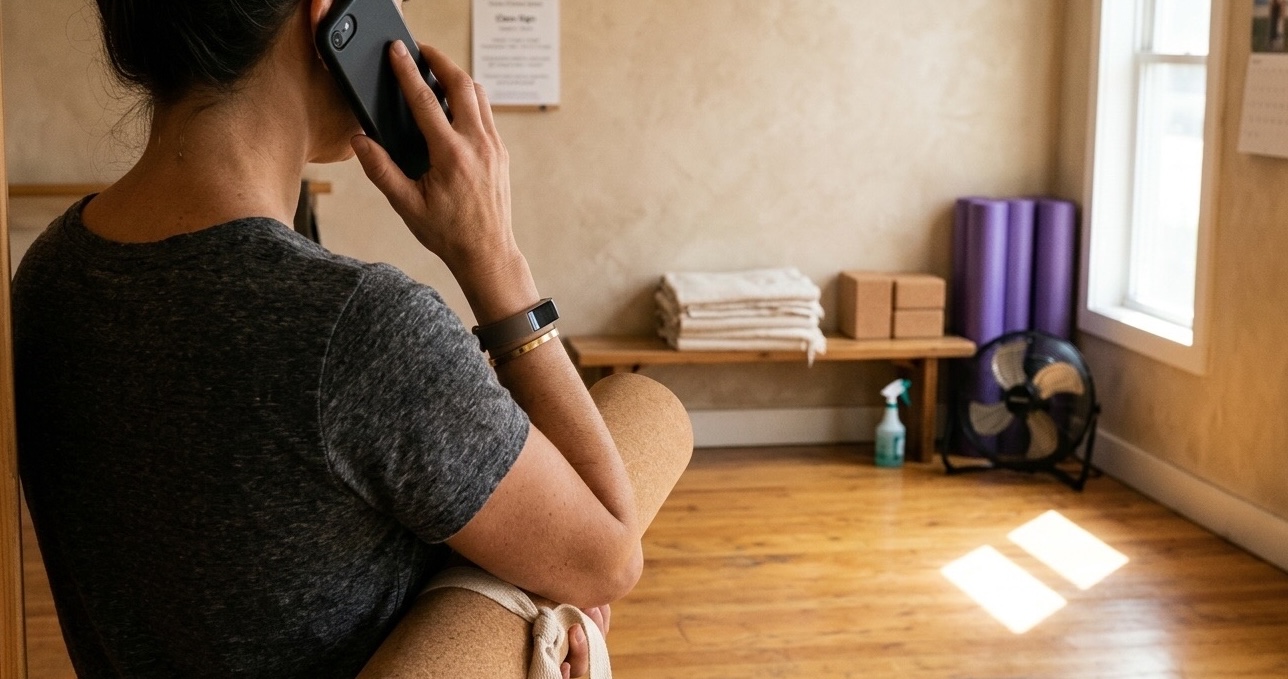 A yoga studio owner stopping between classes to take a transferred call, a rolled mat under one arm