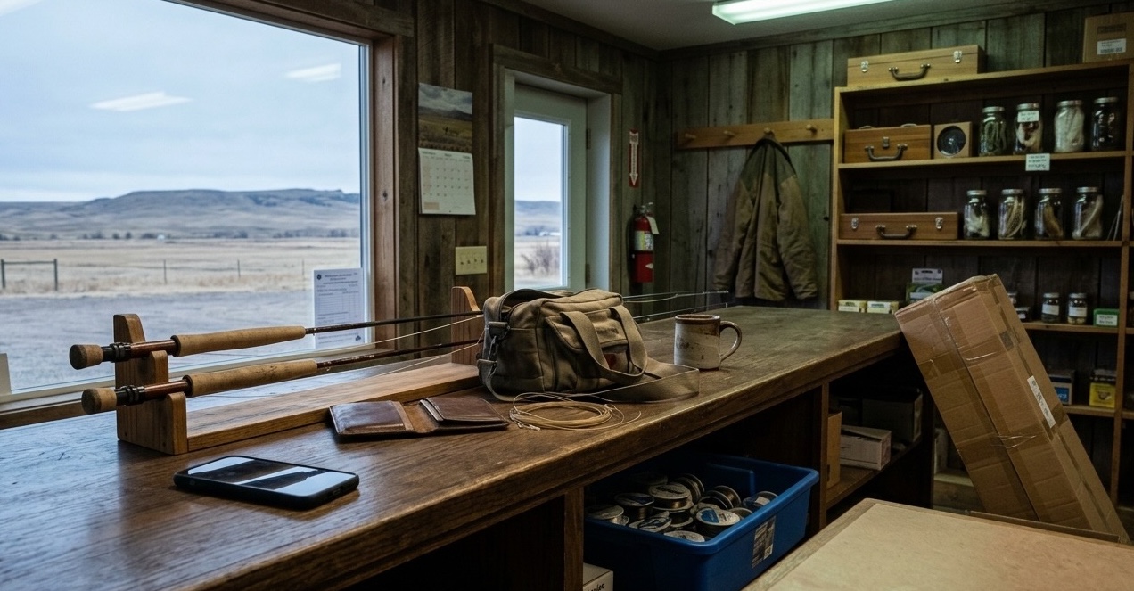 A phone on the wooden counter of a fly fishing outfitter's shop, lit by morning window light