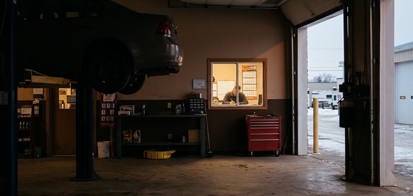 An auto repair shop at dusk with the owner alone in the lit back office, working out on paper what the day's missed calls cost